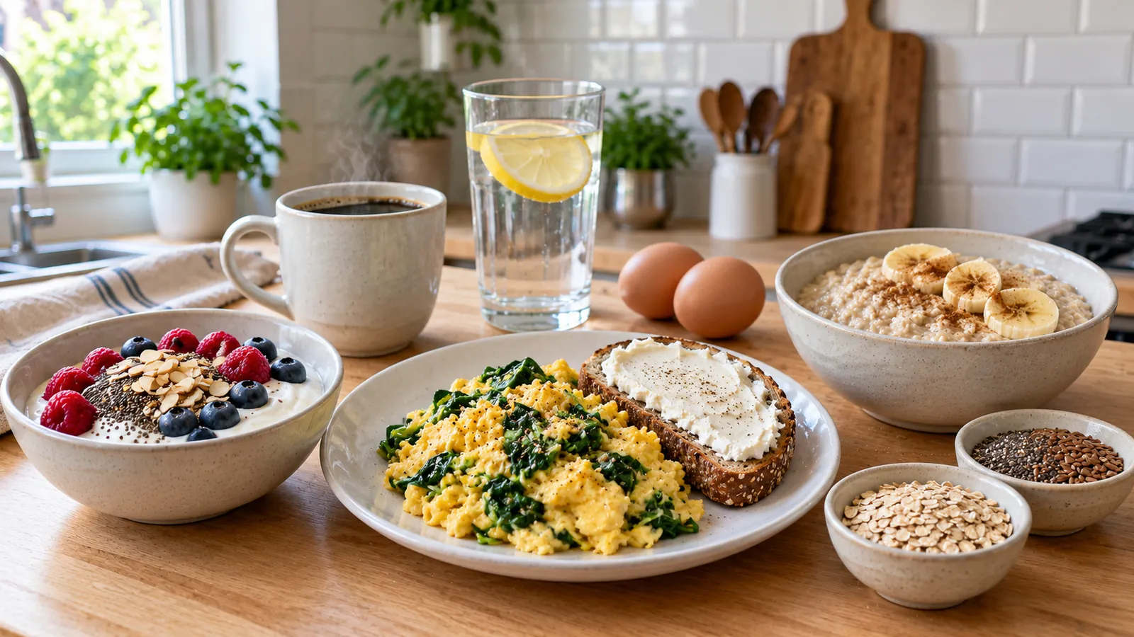 Recette petit déjeuner protéiné pour maigrir : table avec œufs brouillés aux épinards, bol de skyr aux fruits rouges et chia, porridge aux flocons d'avoine, tasse de café noir et verre d'eau citronnée