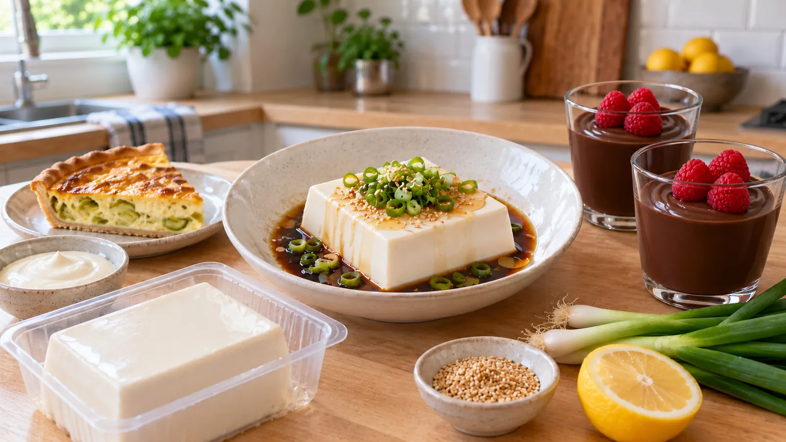Recette tofu soyeux : bloc de tofu soyeux blanc et lisse sur une assiette, nappé de sauce soja et de sésame, verrines de mousse au chocolat, part de quiche et bol de sauce crémeuse autour, sur un plan de travail en bois