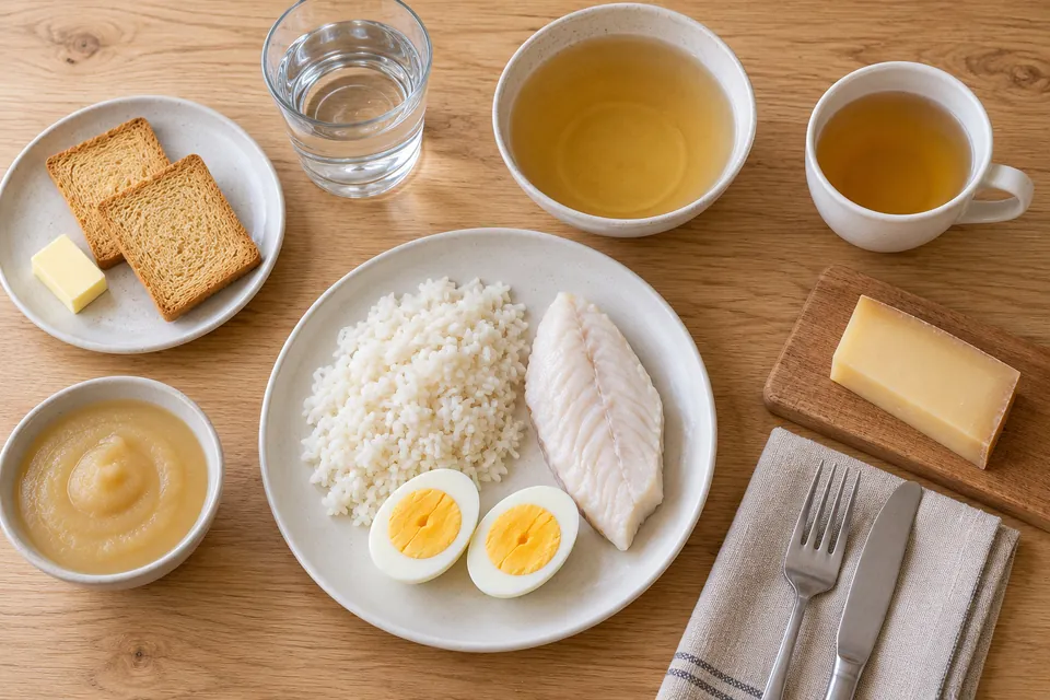 Assiette de régime sans résidu avant coloscopie : riz blanc, filet de poisson poché, œuf dur, biscottes, morceau de comté et bol de bouillon clair