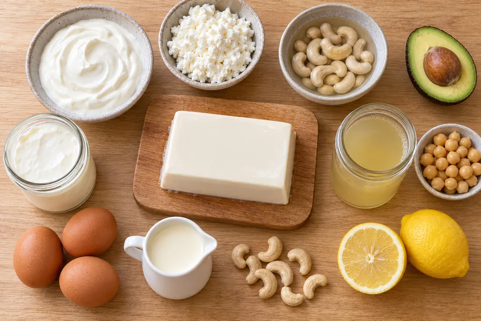 Bloc de tofu soyeux entouré de ses substituts : yaourt grec, ricotta, noix de cajou trempées, avocat, aquafaba dans un bocal, fromage blanc et œufs
