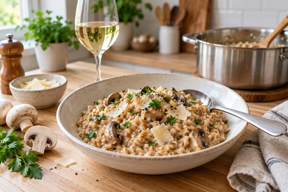 Assiette creuse de risotto de petit épeautre aux champignons, grains dorés crémeux, copeaux de parmesan et persil