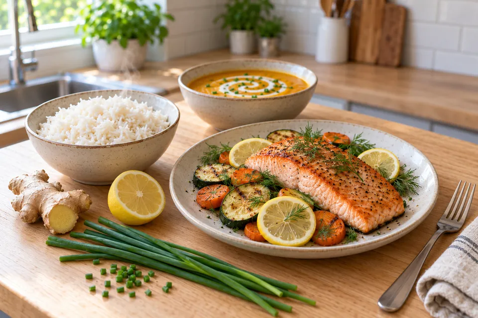Dîner sans FODMAP : pavé de saumon au four avec rondelles de courgette et de carotte au citron et à l'aneth, bol de riz basmati, bol de soupe de potiron à l'arrière-plan