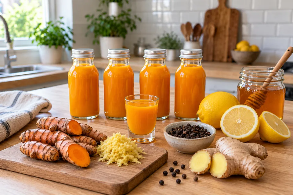 Shots de curcuma gingembre orange vif dans de petites bouteilles en verre et un verre à shot, avec curcuma frais, gingembre, grains de poivre noir et citrons