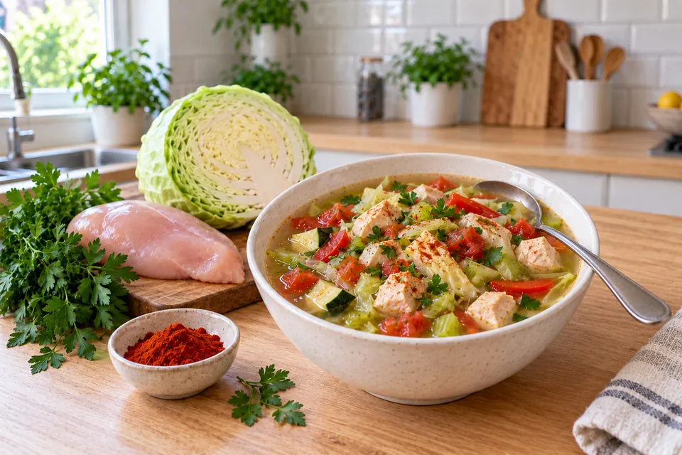 Bol de soupe aux choux façon Dukan avec dés de blanc de poulet, chou, céleri, poivron et tomate, persil et paprika, sans carotte