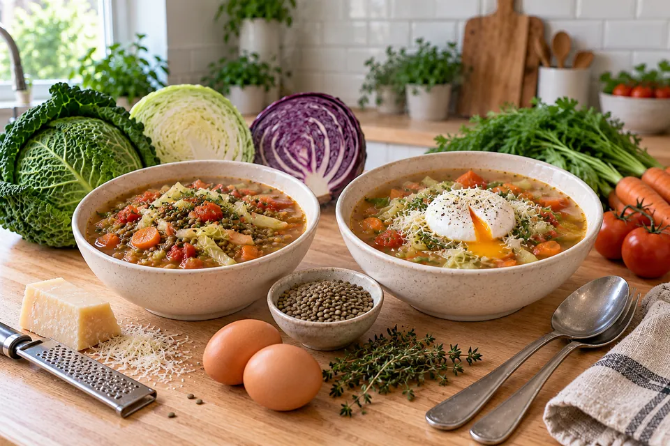 Deux bols de soupe aux choux complétés, l'un aux lentilles vertes, l'autre avec un œuf poché et du parmesan râpé