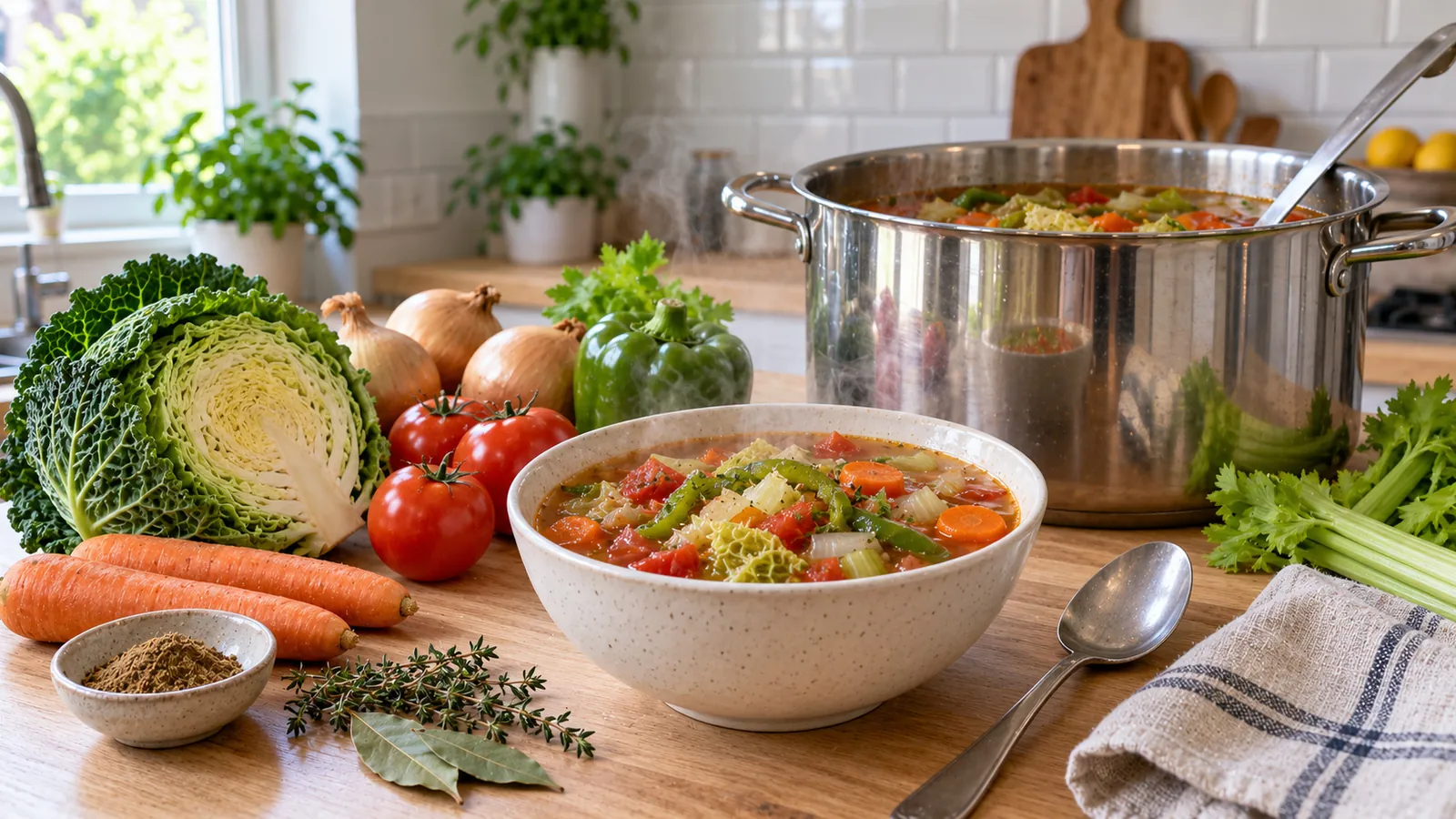 Soupe aux choux recette régime : bol de soupe aux choux fumante avec chou vert, tomates, poivrons, céleri et carottes, marmite et légumes crus sur un plan de travail en bois