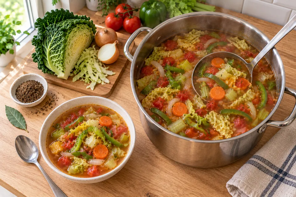 Soupe aux choux traditionnelle du régime dans une grande marmite et un bol, avec chou vert en lanières, oignons, tomates, poivrons, céleri et carottes