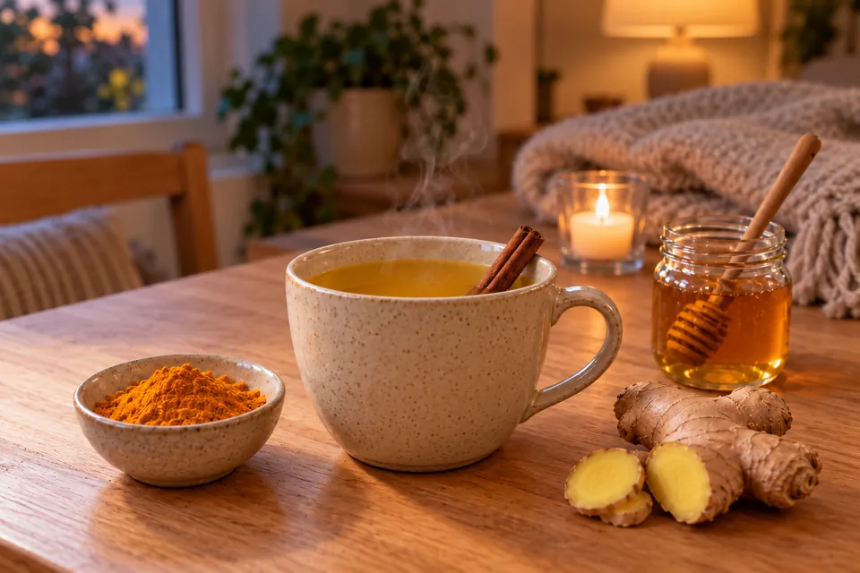 Tasse d'infusion curcuma gingembre au miel fumante le soir, avec bâton de cannelle, pot de miel et gingembre, lumière chaude