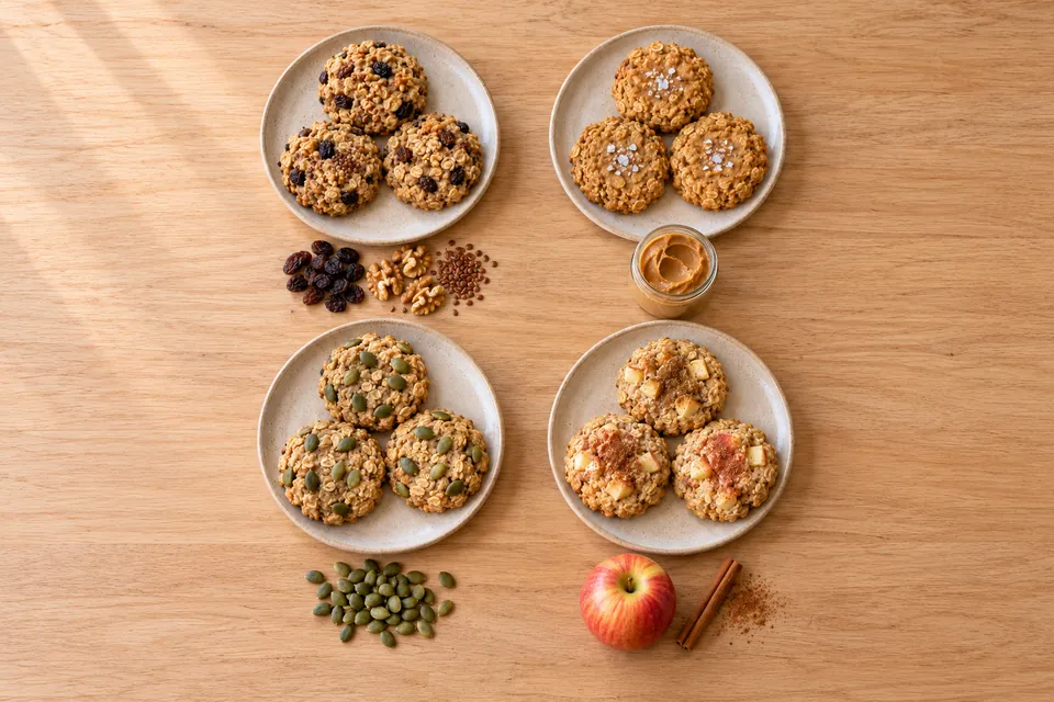 Assortiment de cookies banane flocons d'avoine : aux fruits secs et graines, au beurre de cacahuète, aux graines de courge, à la cannelle
