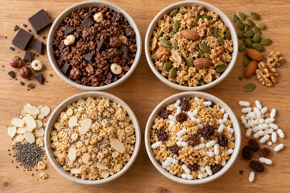 Quatre bols de muesli maison différents : au chocolat, protéiné aux graines, light aux amandes effilées, et au riz soufflé