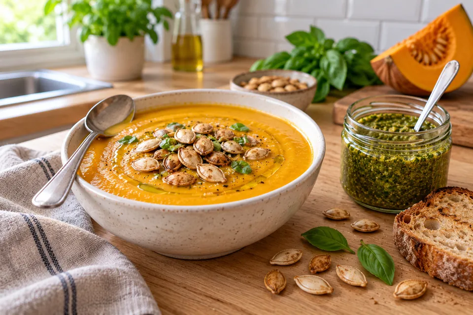 Bol de velouté de courge parsemé de graines de courge grillées, avec un petit pot de pesto de graines de courge à côté